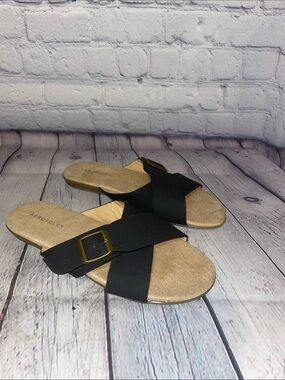 AEROSOLES Black Crossband Slide Sandals with Buckle NWOB • Sz 8